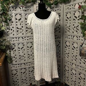 WONDERFUL TRUE WHITE OPEN CROTCHET CUTE SHORT SLEEVES MIDI DRESS